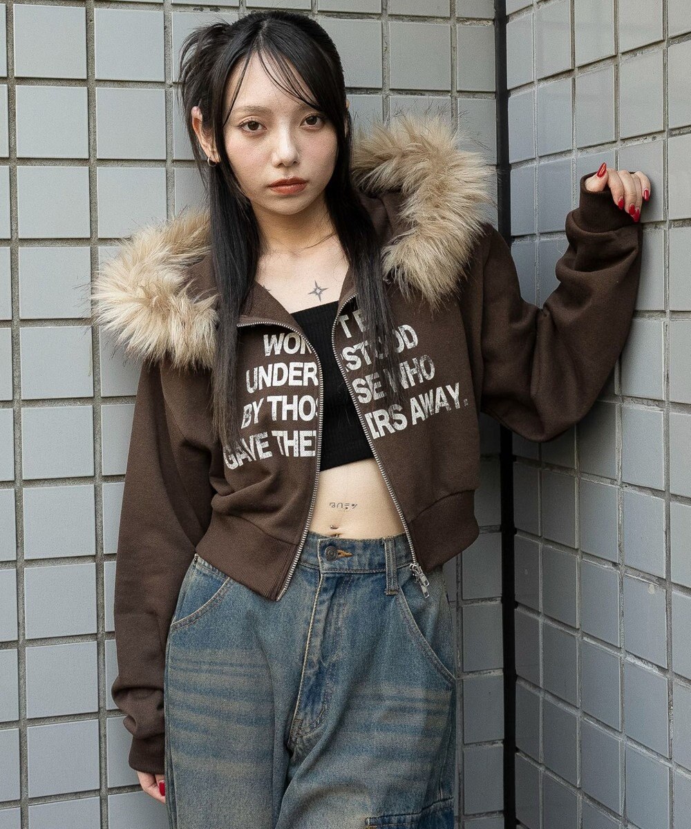 WEGO ファーフードショートZIPパーカー 