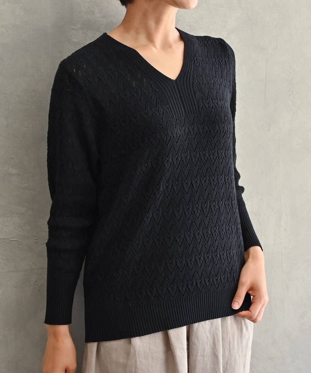 muuc 〈コットン100%強撚糸〉〈通気性が高いドライタッチな素材〉透かし編み 袖口リブ Vネック プルオーバー 