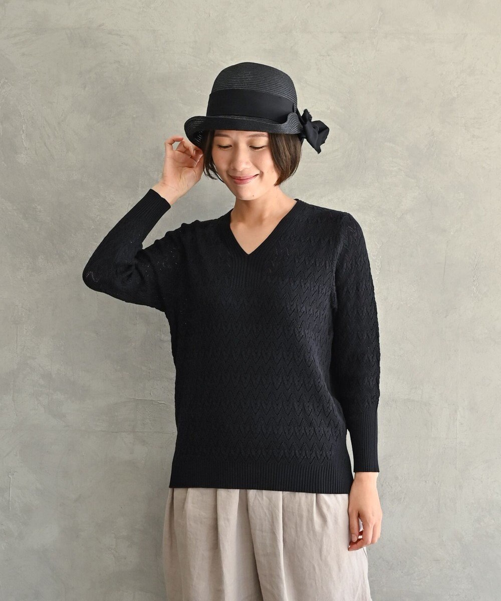 muuc 〈コットン100%強撚糸〉〈通気性が高いドライタッチな素材〉透かし編み 袖口リブ Vネック プルオーバー 