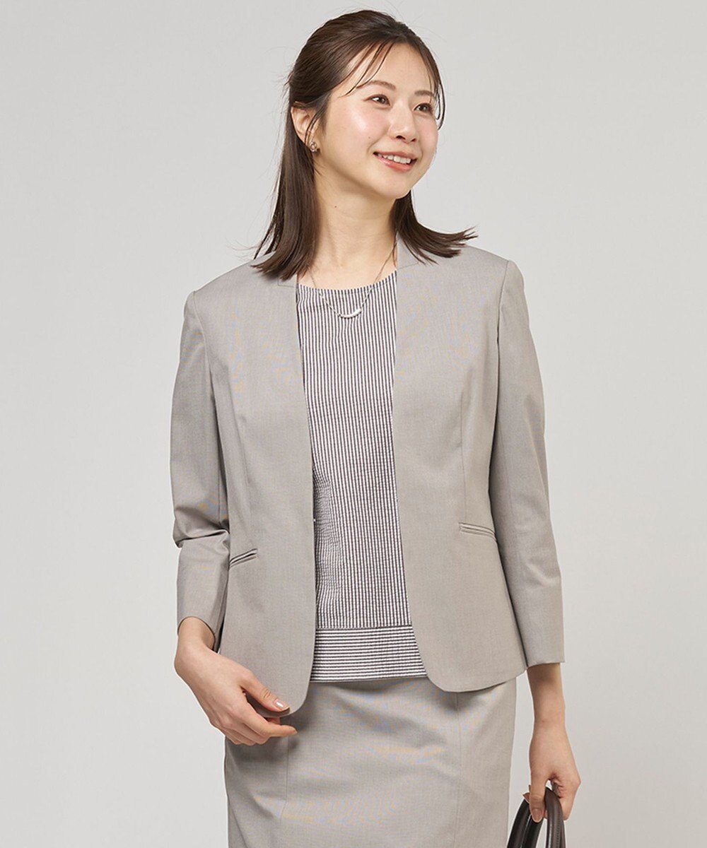 J.PRESS LADIES 【セットアップ対応・洗える・撥水】コットンFITTY ノーカラー ジャケット 