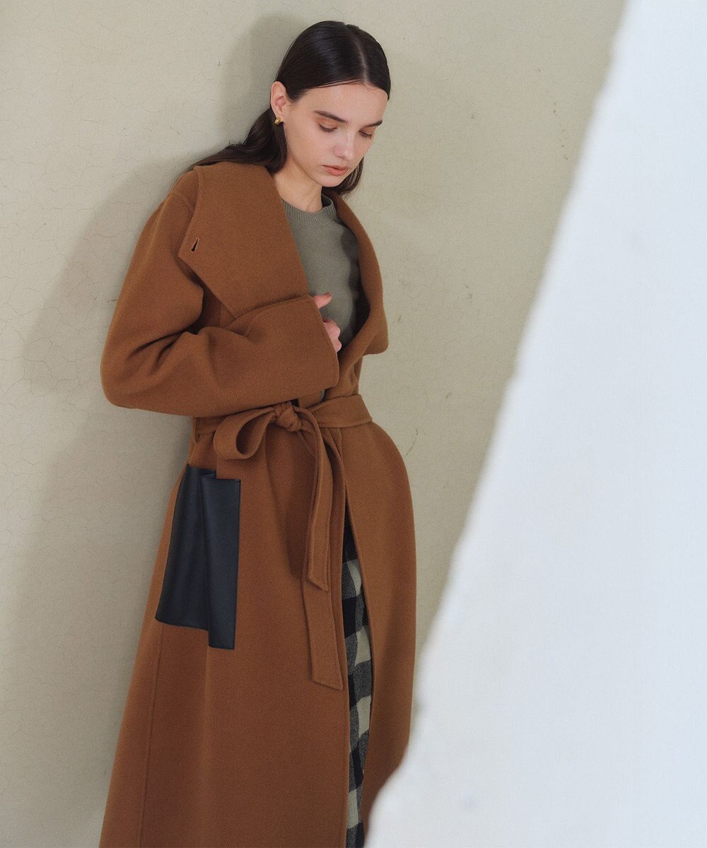 BEIGE， LEMOORE / ウールリバーフェイクレザーポケット付きコート 