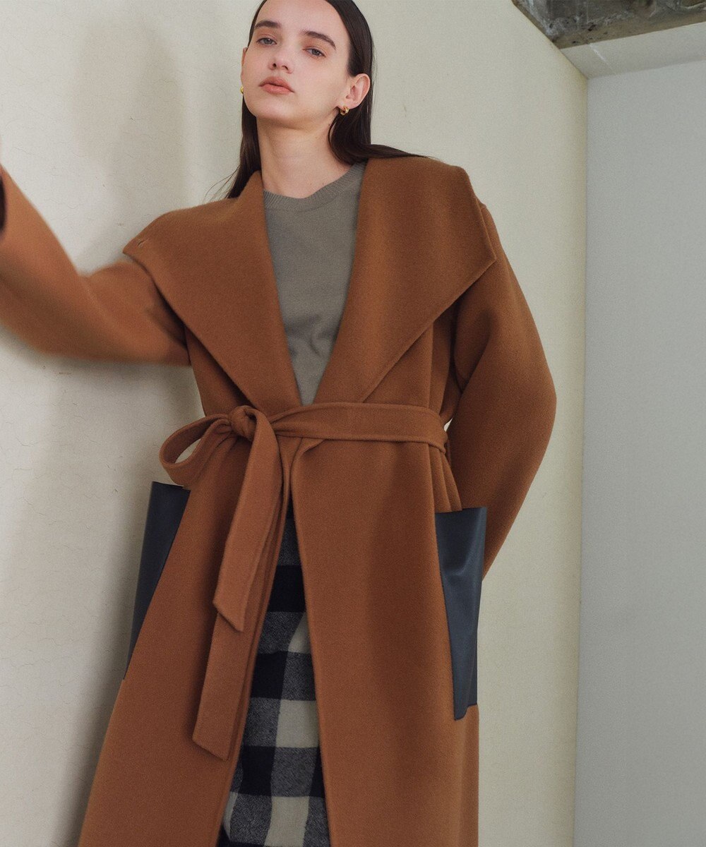 BEIGE， LEMOORE / ウールリバーフェイクレザーポケット付きコート 