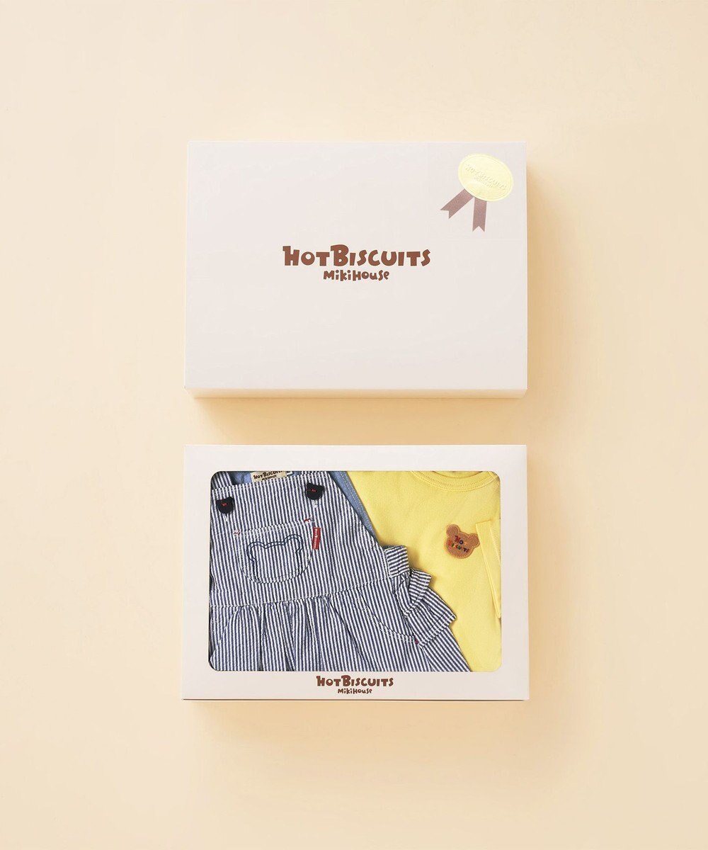 MIKI HOUSE HOT BISCUITS ストライプ柄 ジャンパースカート＆ワンポイント半袖Tシャツギフトセット【BOX付き】 