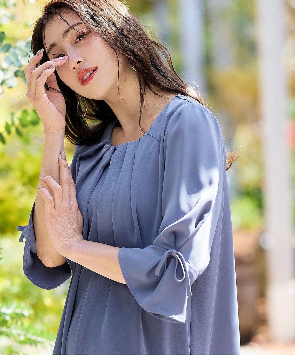 Tiaclasse L 【洗える】リボン付きタックスリーブチュニックブラウス 