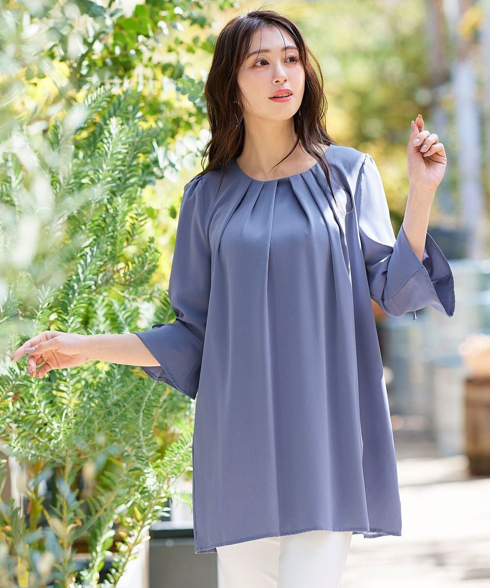 Tiaclasse L 【洗える】リボン付きタックスリーブチュニックブラウス 