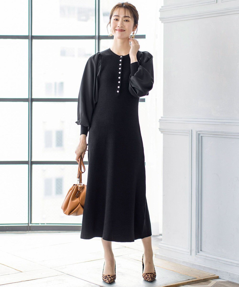 Tiaclasse 【洗える】パフ袖が大人可愛い袖コンビニットワンピース 