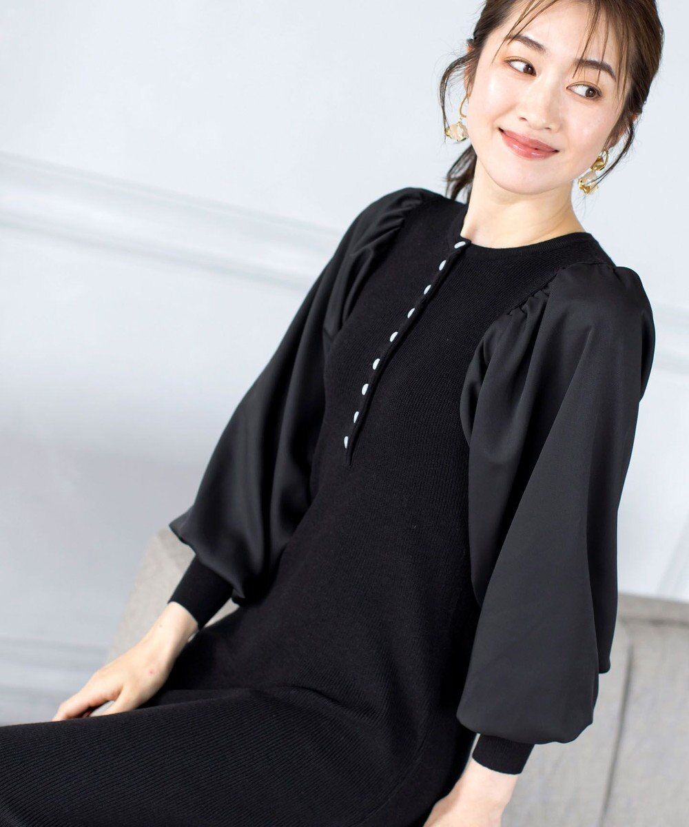 Tiaclasse 【洗える】パフ袖が大人可愛い袖コンビニットワンピース 