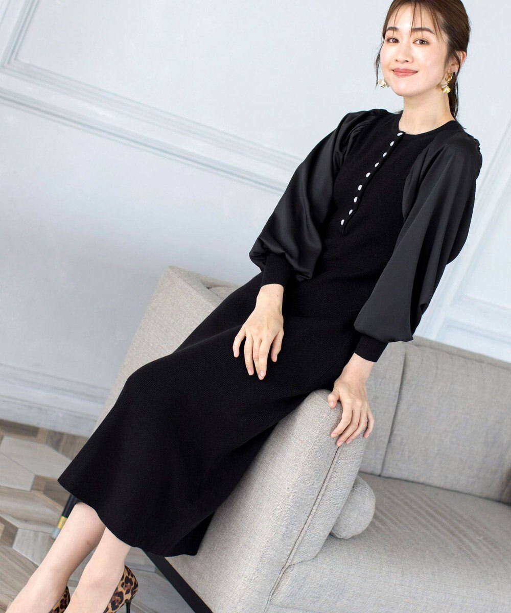 Tiaclasse 【洗える】パフ袖が大人可愛い袖コンビニットワンピース 