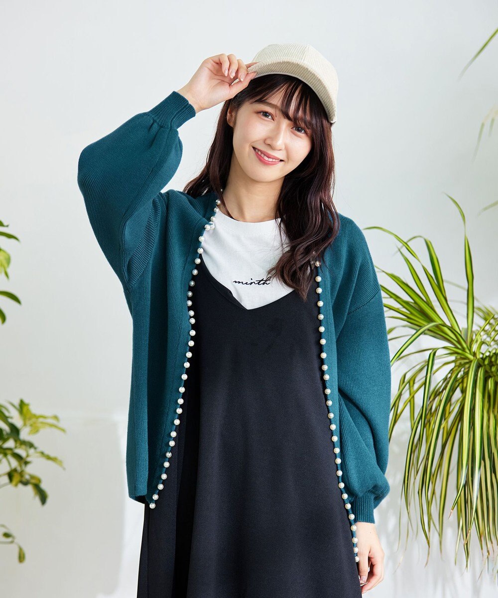 Tiaclasse 【洗える】パール付きパフスリーブカーディガン 