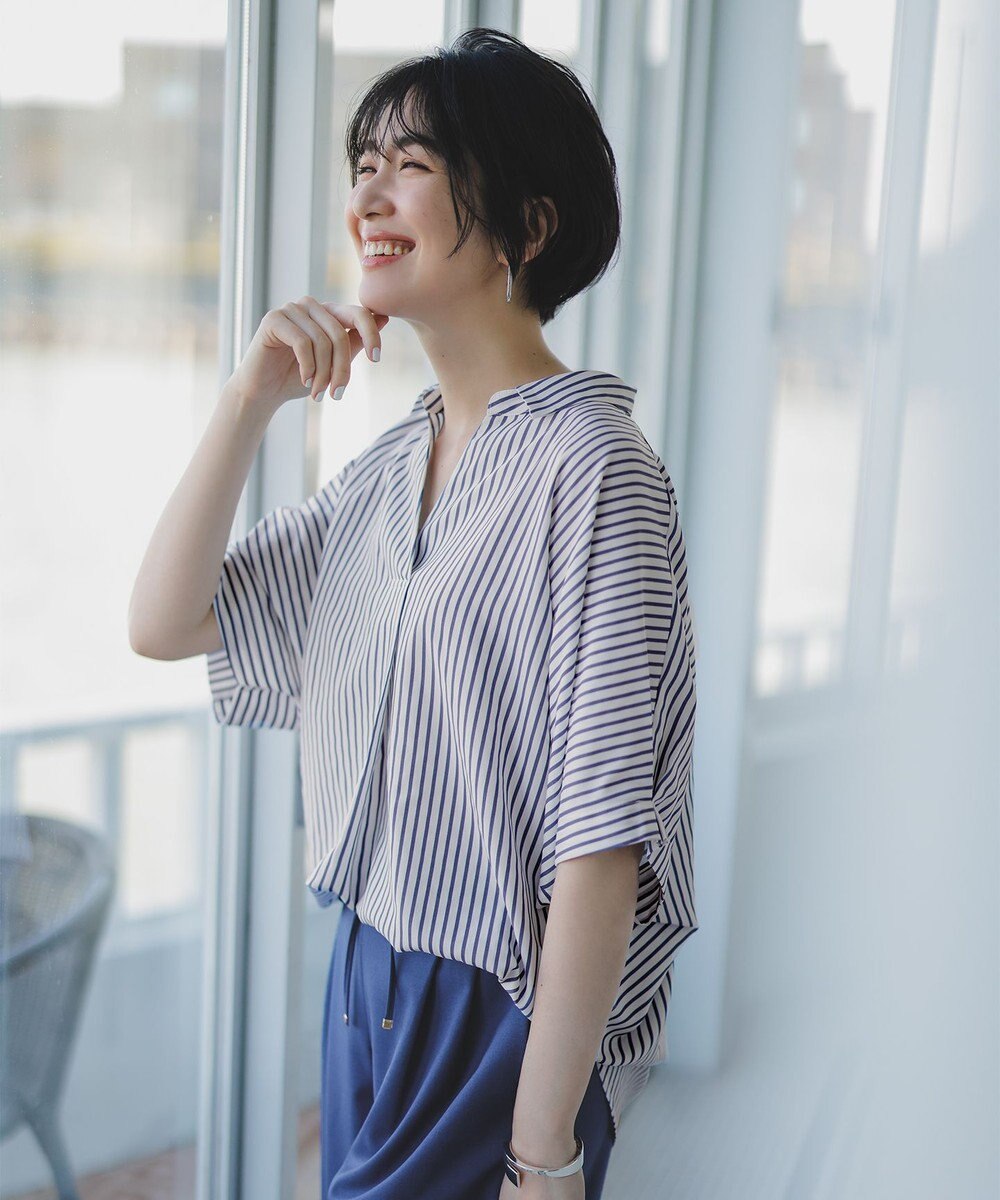 ANY 【新色追加】スキッパーネック袖タックブラウス 