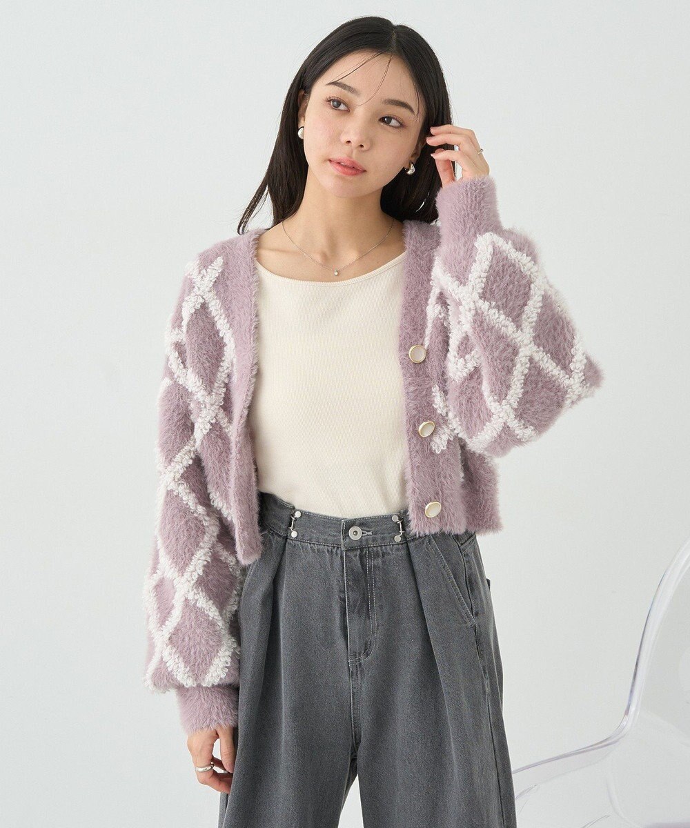 earth music&ecology シャギーダイヤ柄ショートニットカーディガン 