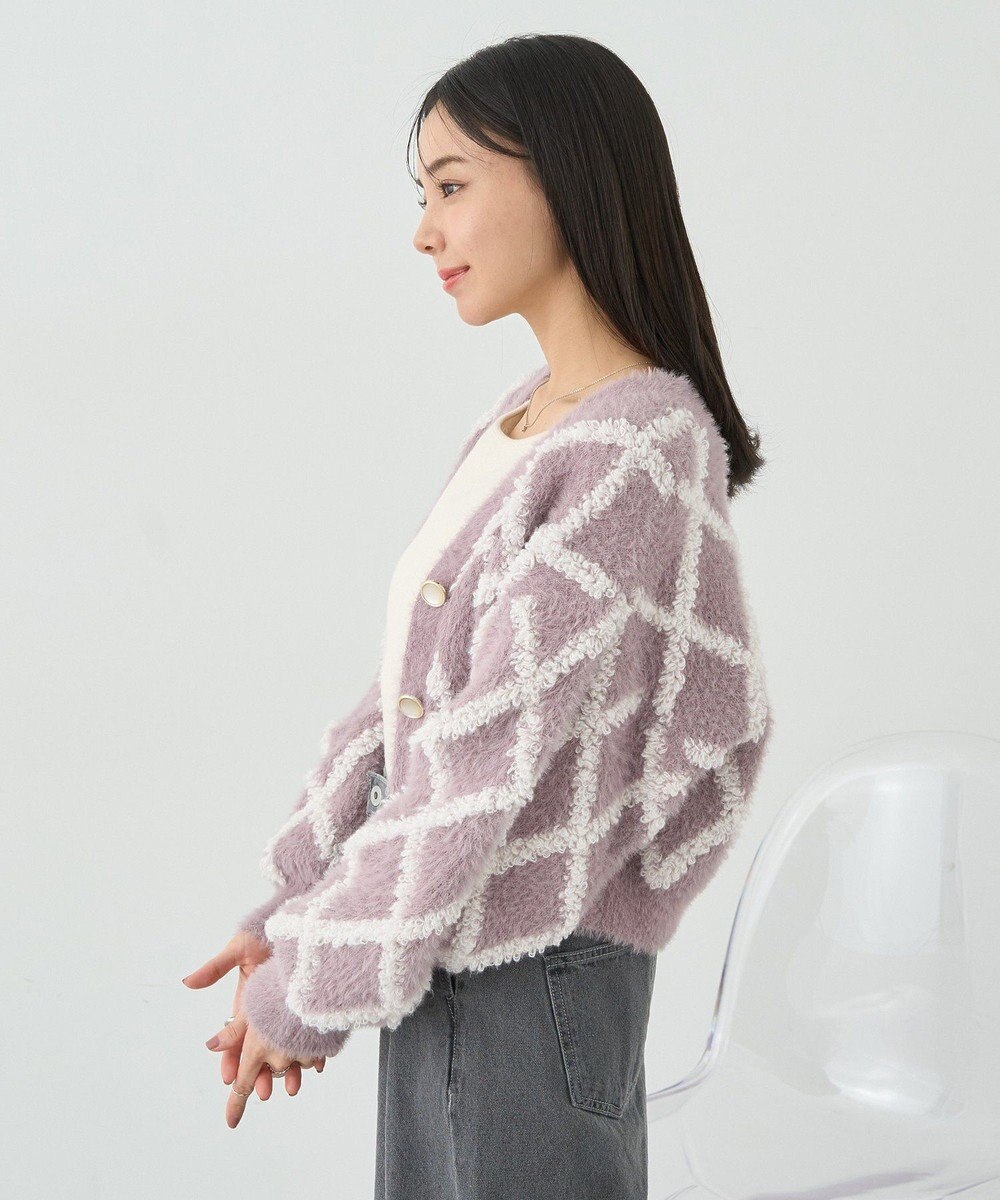 earth music&ecology シャギーダイヤ柄ショートニットカーディガン 