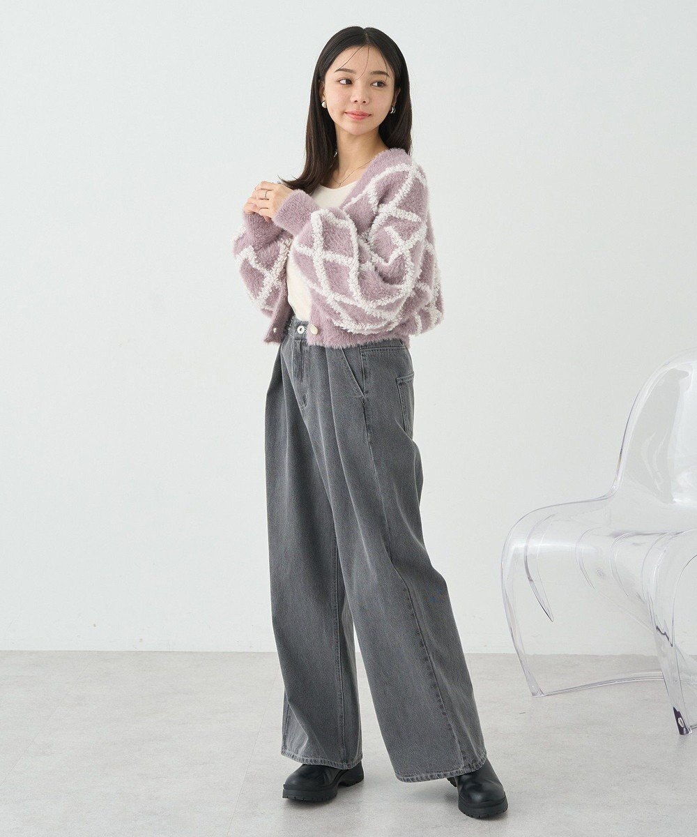 earth music&ecology シャギーダイヤ柄ショートニットカーディガン 