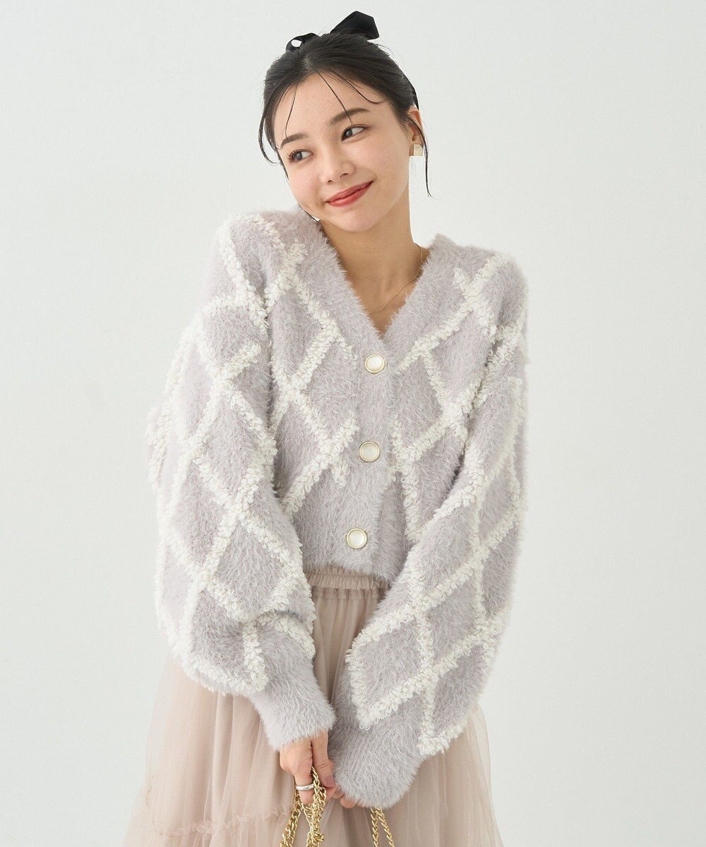 earth music&ecology シャギーダイヤ柄ショートニットカーディガン 