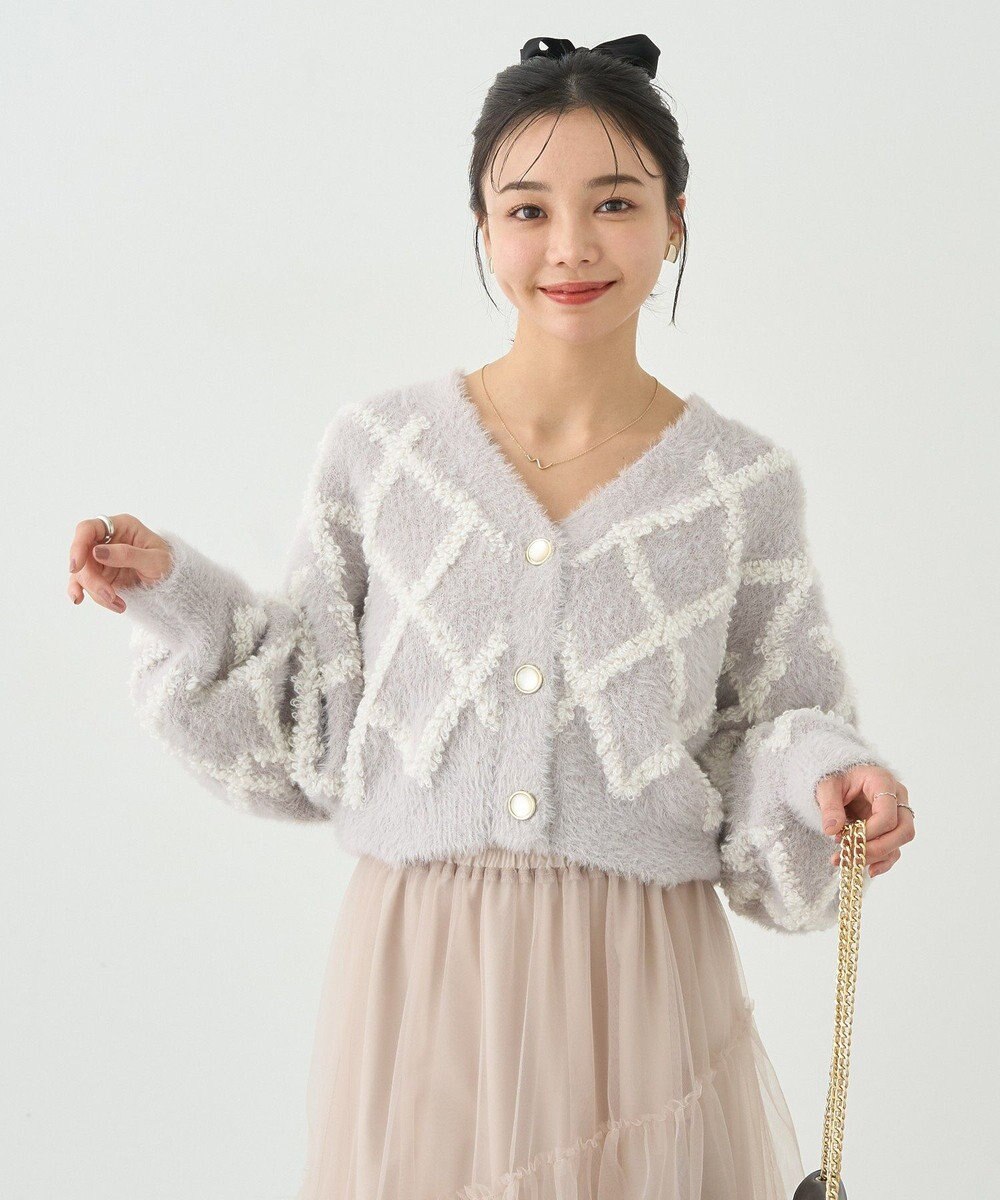 earth music&ecology シャギーダイヤ柄ショートニットカーディガン 