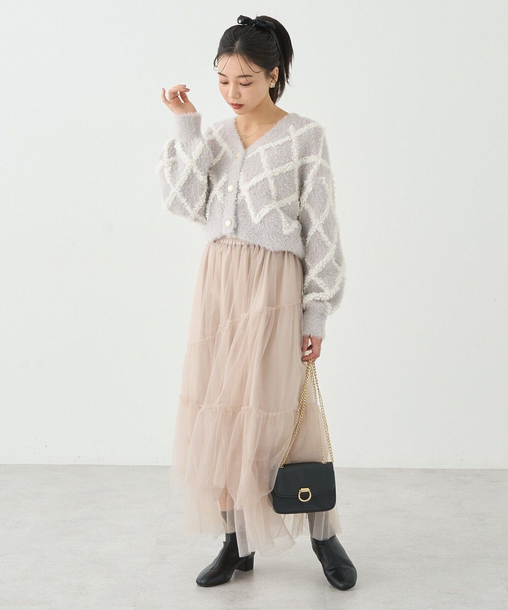 earth music&ecology シャギーダイヤ柄ショートニットカーディガン 