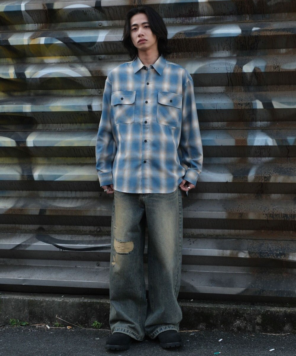 WEGO 【ユニセックス着用ITEM/SMLサイズ展開】オンブレチェックシャツ（LS） 
