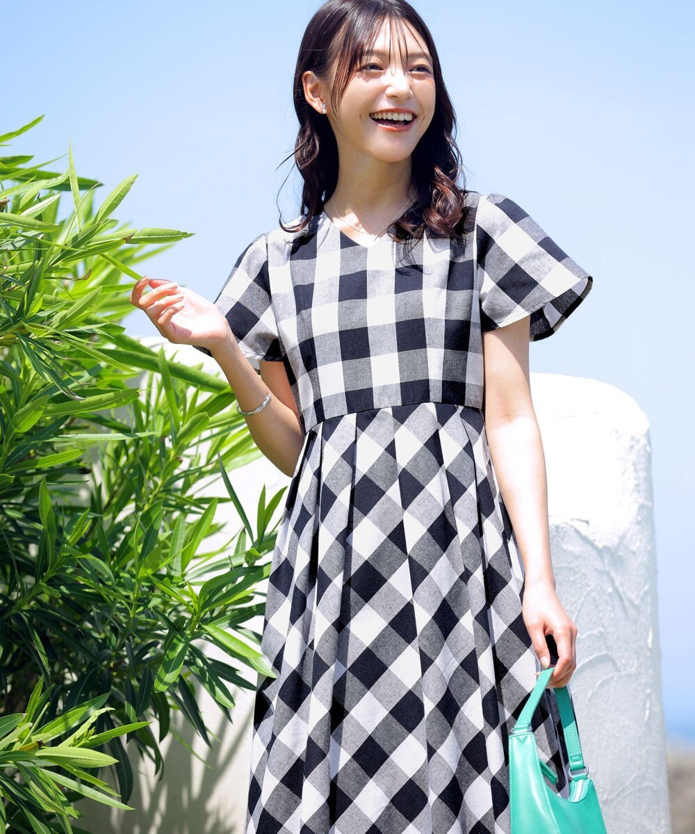 Tiaclasse 【袖が選べる・洗える】大柄ギンガムチェックワンピース 