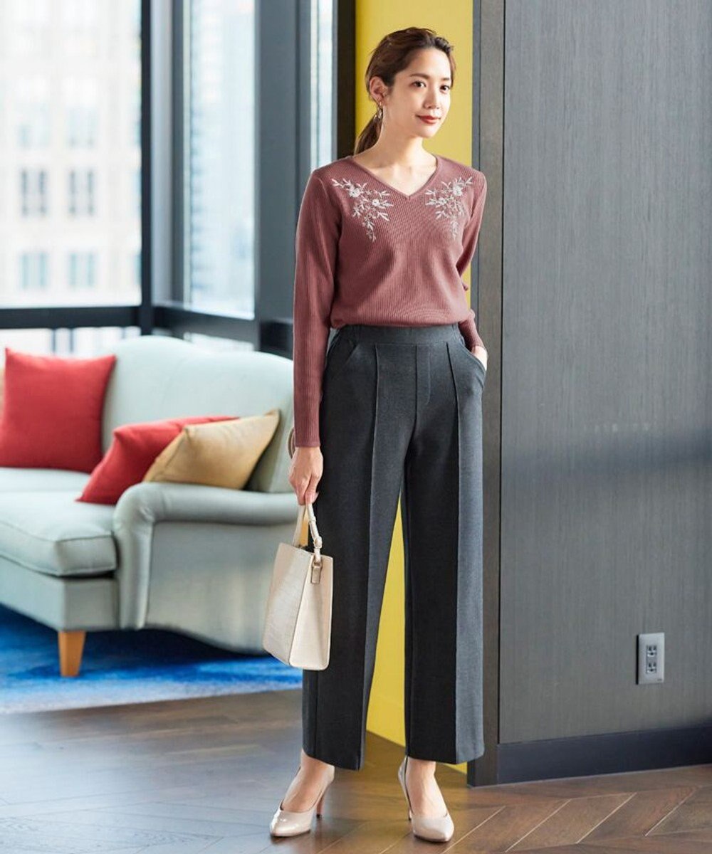 Tiaclasse 【洗える】刺繍リブニットトップス 