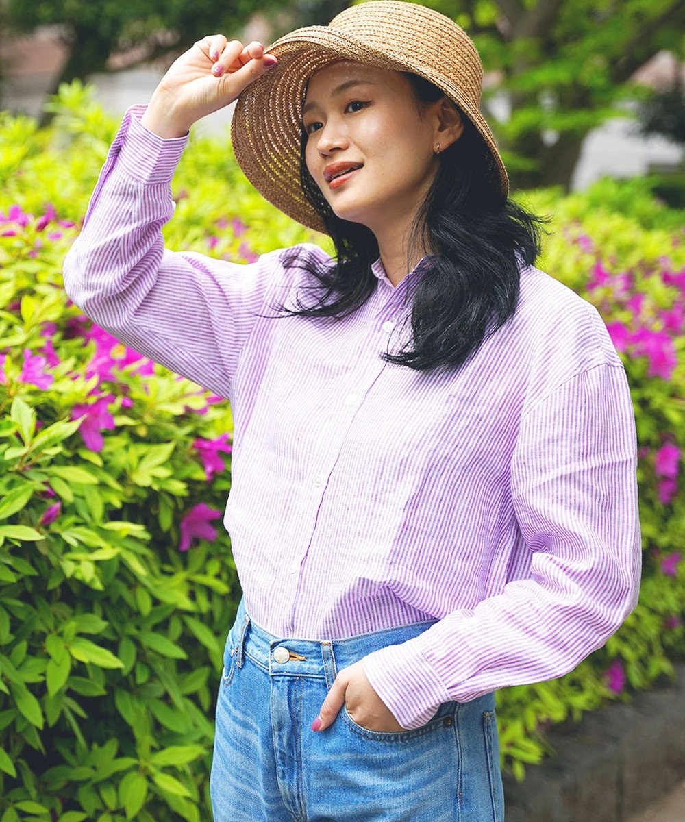 caqu 【 洗える / リネン100％ 】Linen stripe shirts purple