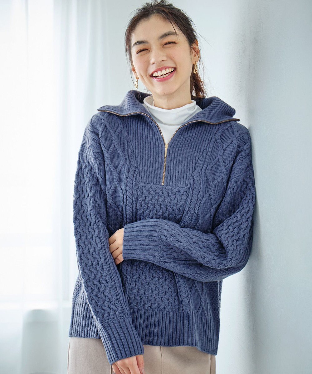 ANY L ソフトアクリルハーフジップケーブルニット 