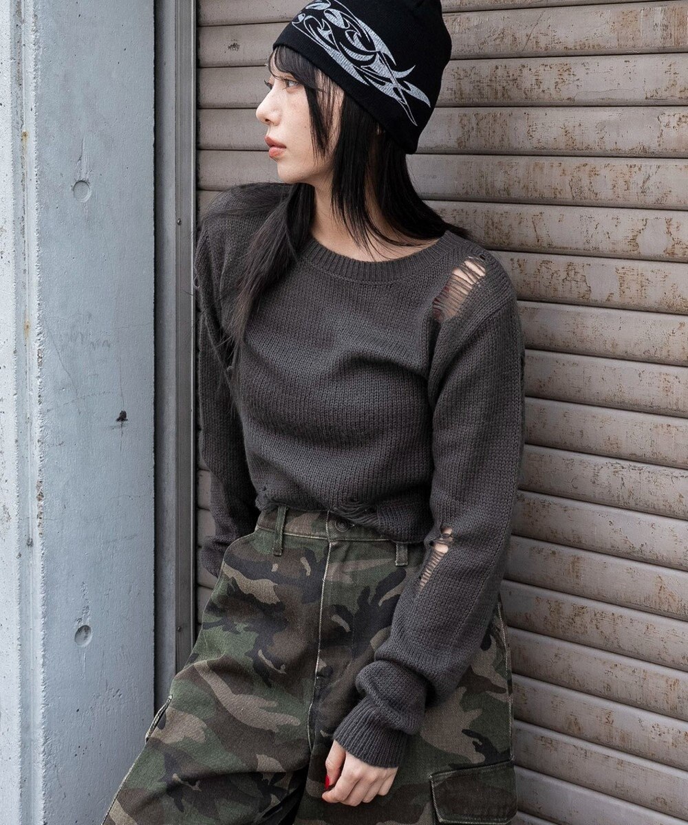 WEGO モヘアタッチダメージショートニット 