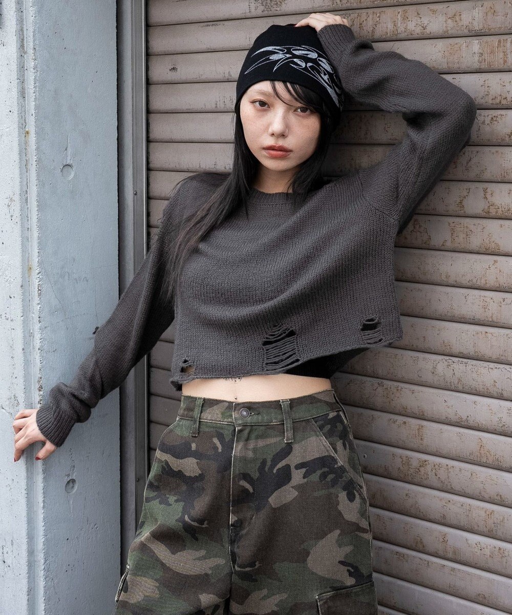 WEGO モヘアタッチダメージショートニット 