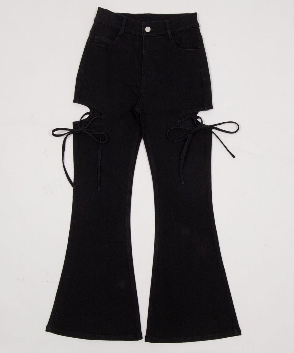 WEGO 【SMサイズ展開/伸びる】カットアウトリボンストレッチフレアデニムパンツ 
