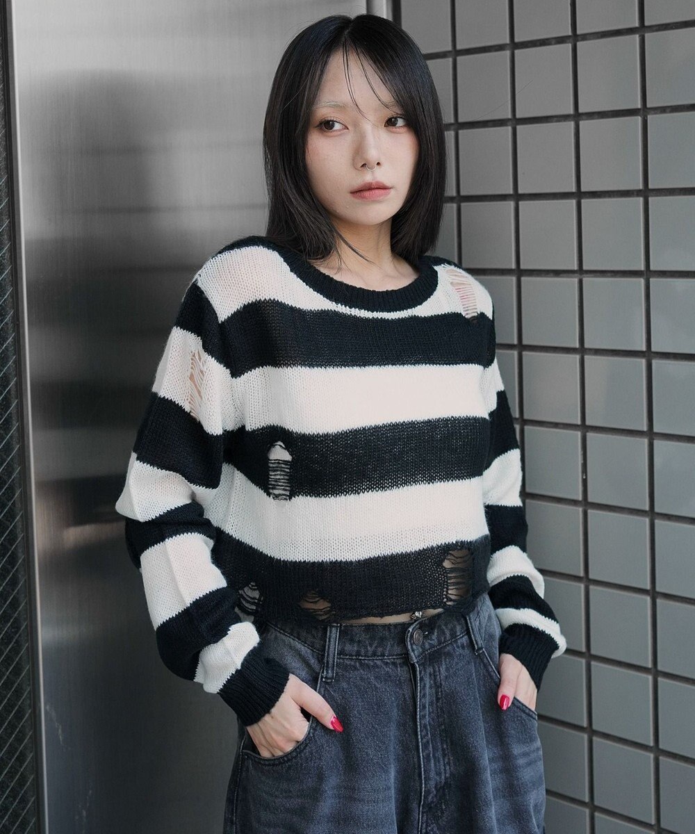 WEGO モヘアタッチダメージショートニット 