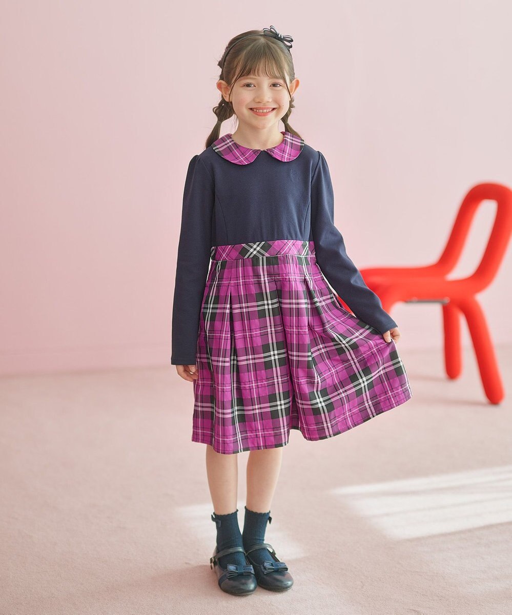 組曲 KIDS 【150-160㎝】チェックタフタドッキング ワンピース 