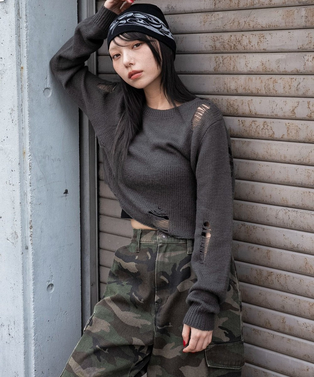 WEGO モヘアタッチダメージショートニット 