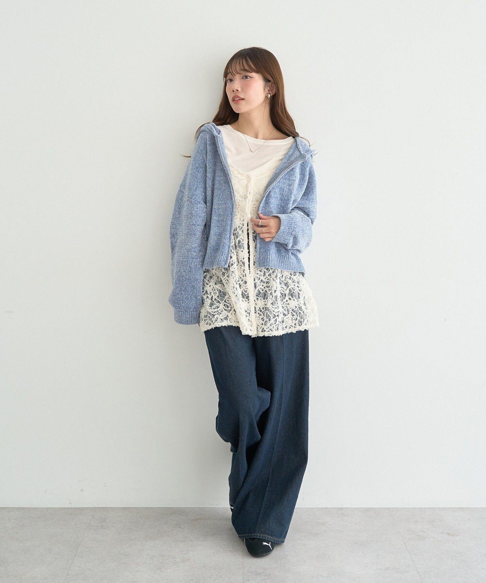 earth music&ecology ベロアフーディージップニットカーディガン 