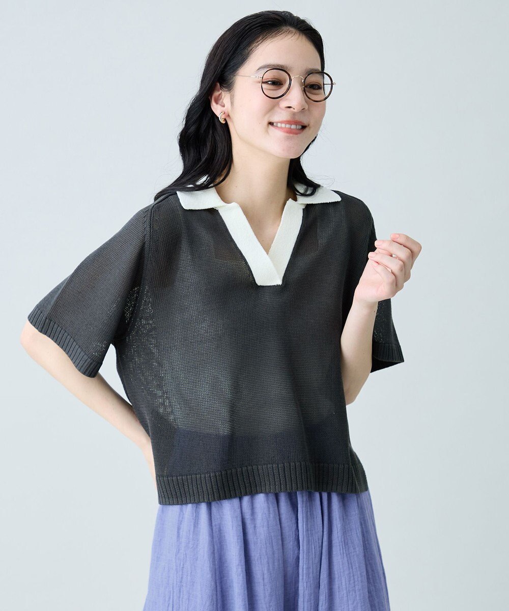 ANY ラミータッチバイカラーポロ衿スキッパーニット 