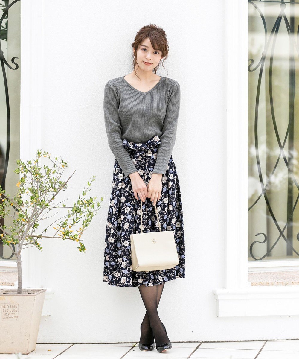 Tiaclasse 【洗える】異素材を組み合わせた花柄リブニットコンビワンピース 