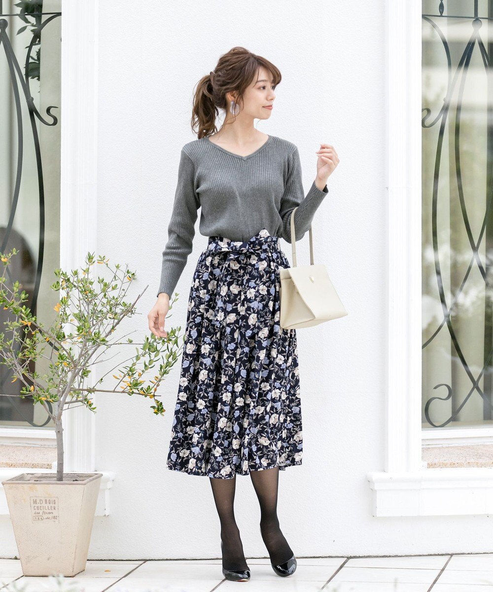 Tiaclasse 【洗える】異素材を組み合わせた花柄リブニットコンビワンピース 