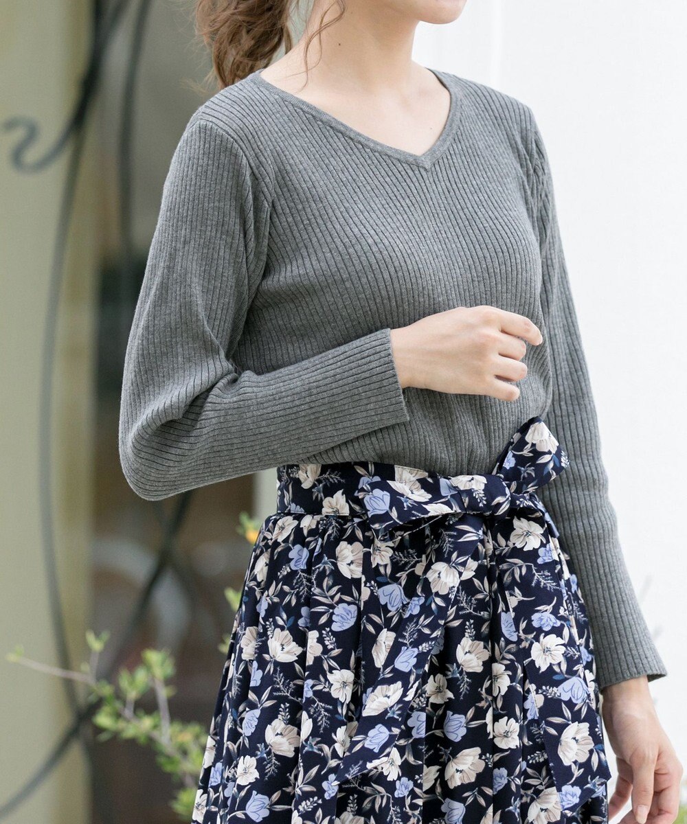 Tiaclasse 【洗える】異素材を組み合わせた花柄リブニットコンビワンピース 