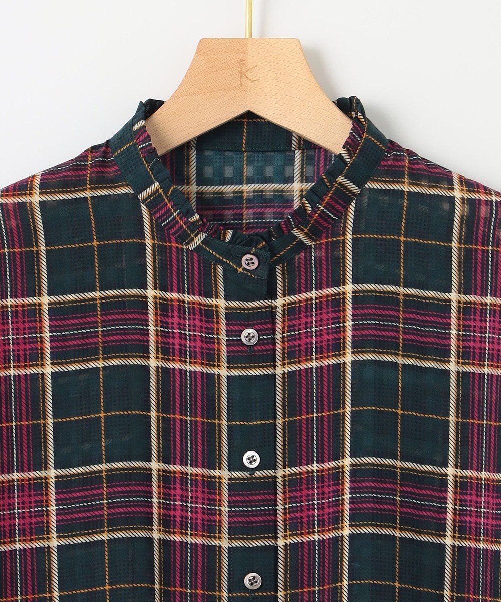 組曲 【洗える】シアーチェック 半袖ブラウス 