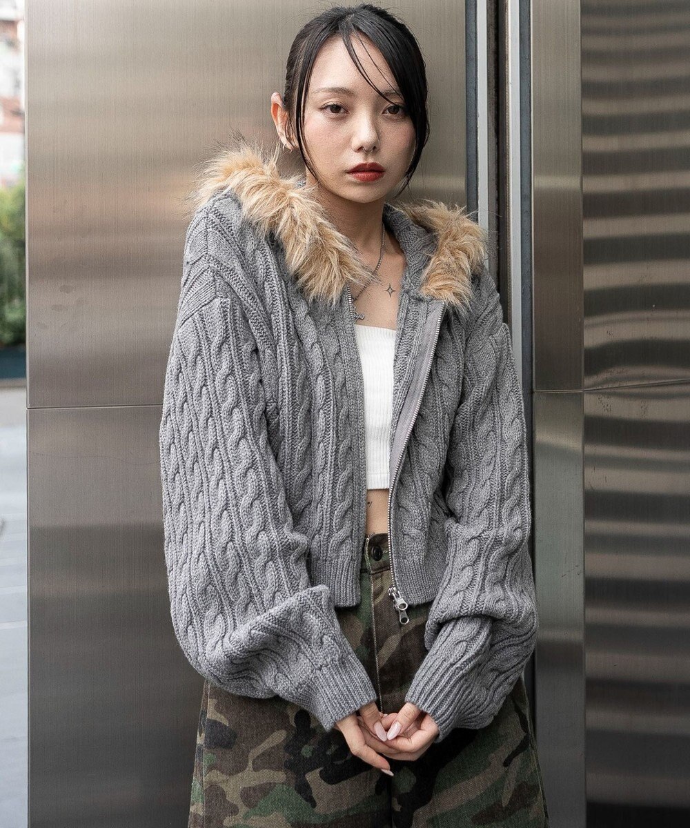 WEGO フェイクファー付きケーブルニットパーカー 