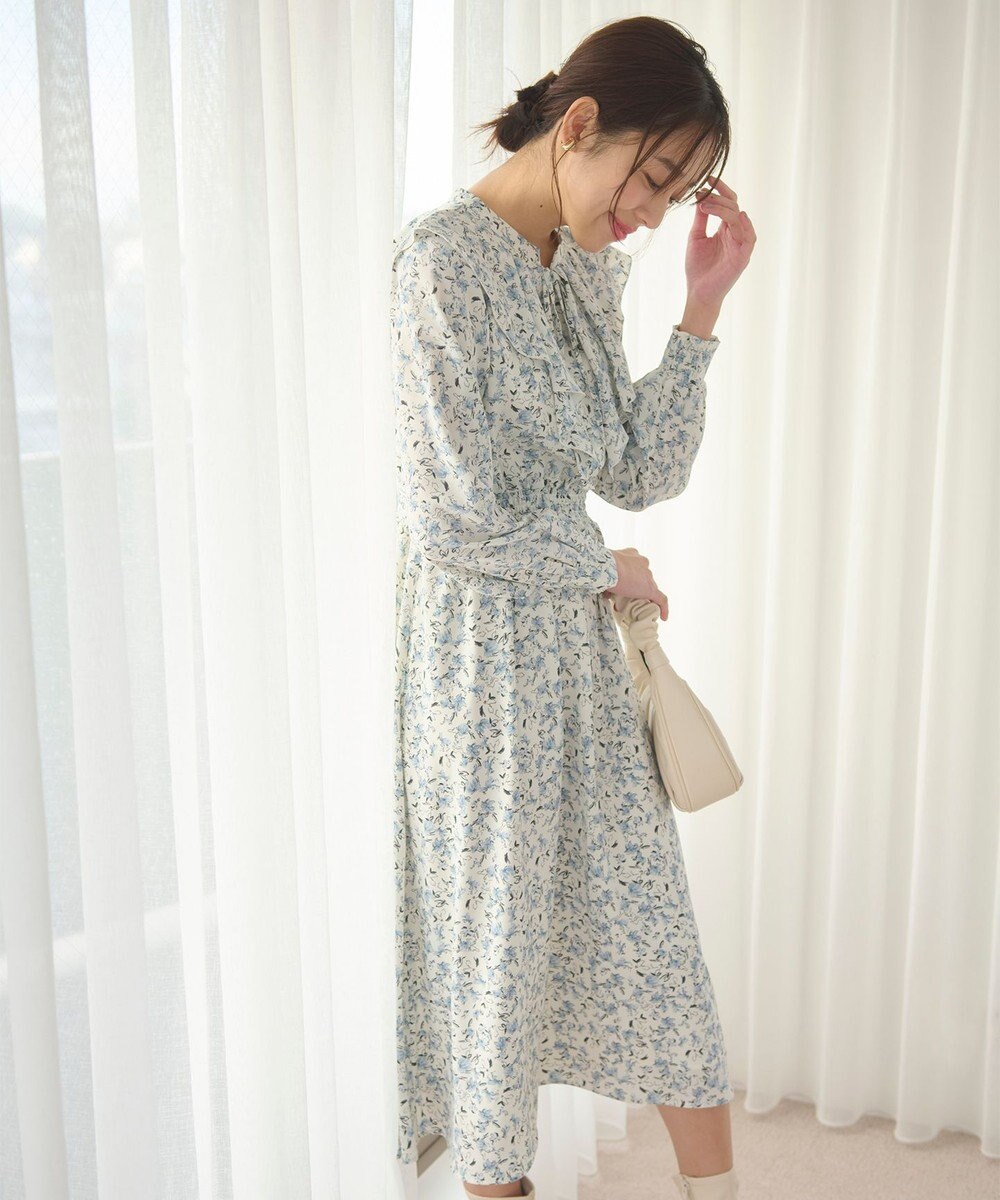 Feroux 【洗える】フラワープリントラッフル ワンピース 