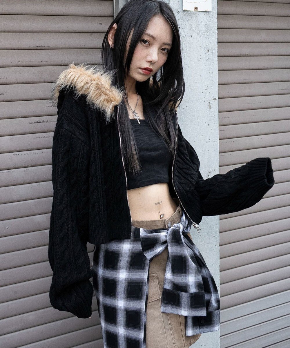 WEGO フェイクファー付きケーブルニットパーカー 