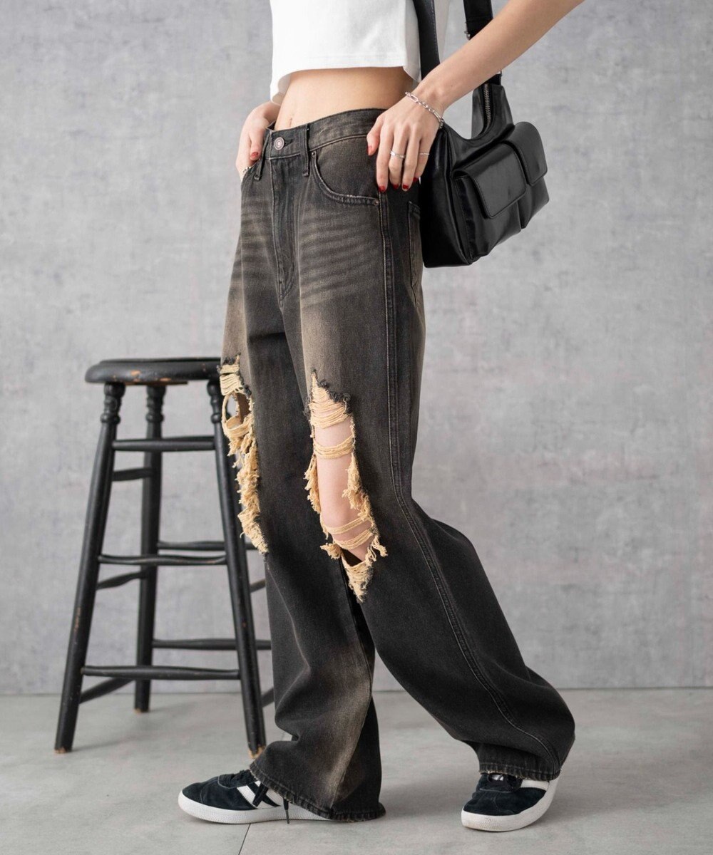 WEGO ヴィンテージウォッシュダメージデニムパンツ 