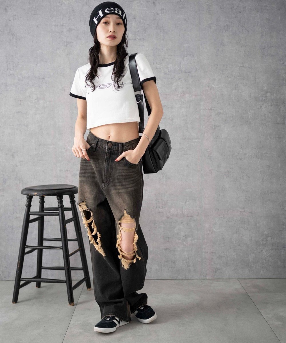 WEGO ヴィンテージウォッシュダメージデニムパンツ 
