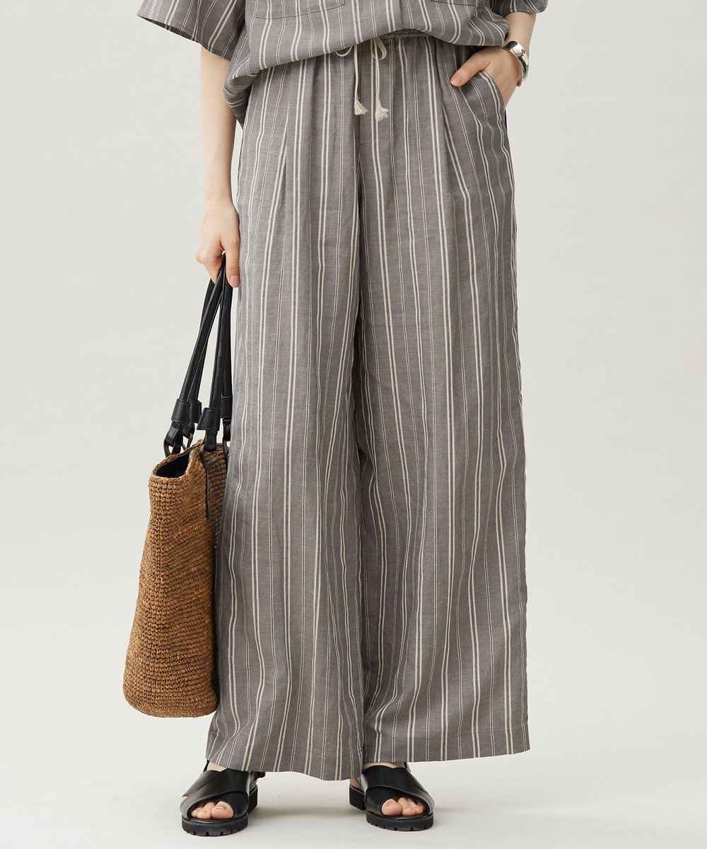 自由区 L 【セットアップ対応】リネンビスコースストライプドロスト パンツ 