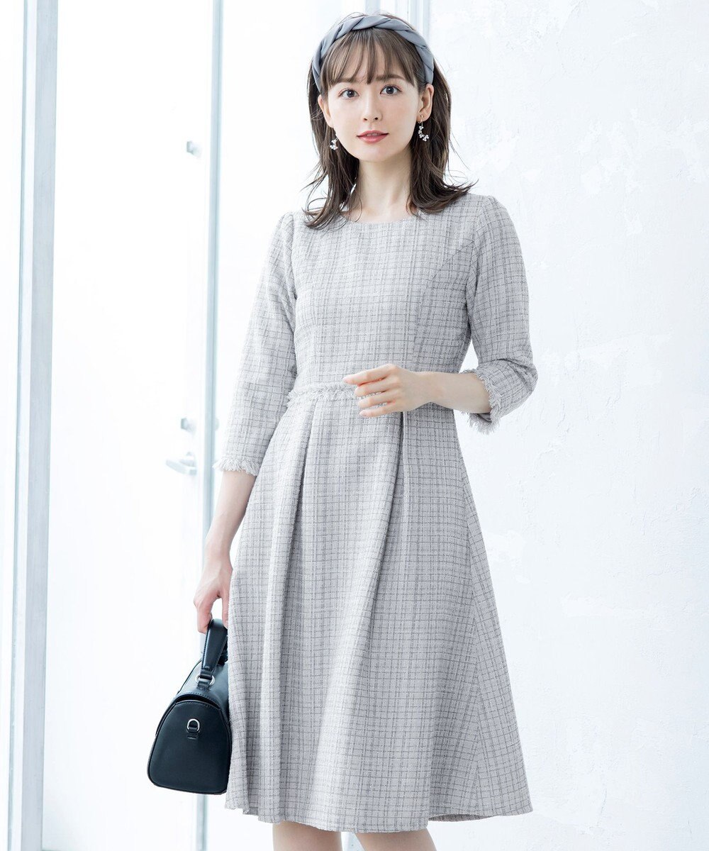 Tiaclasse 絶妙なMIXカラーのツイード素材で存在感溢れるタックワンピース 