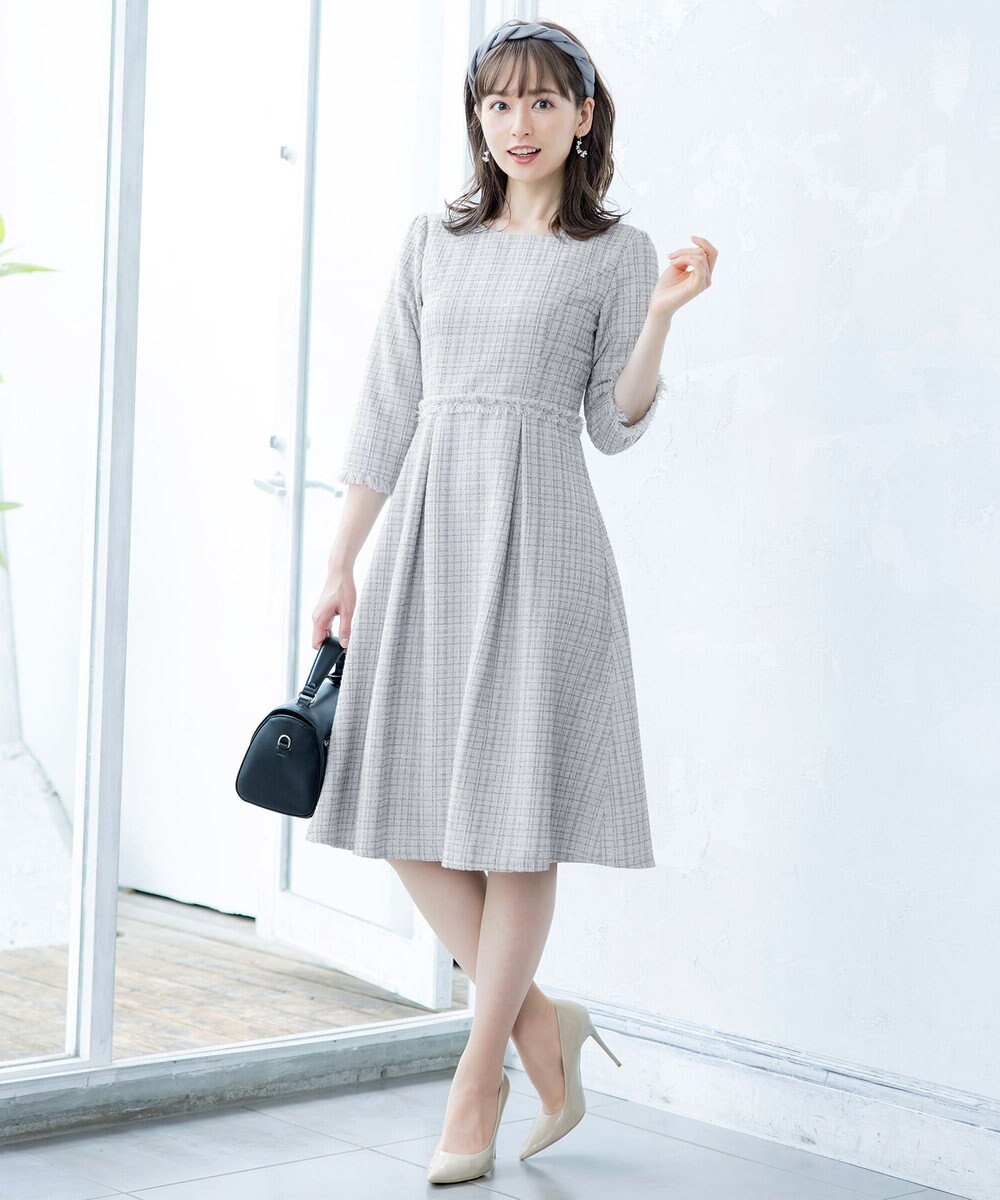 Tiaclasse 絶妙なMIXカラーのツイード素材で存在感溢れるタックワンピース 