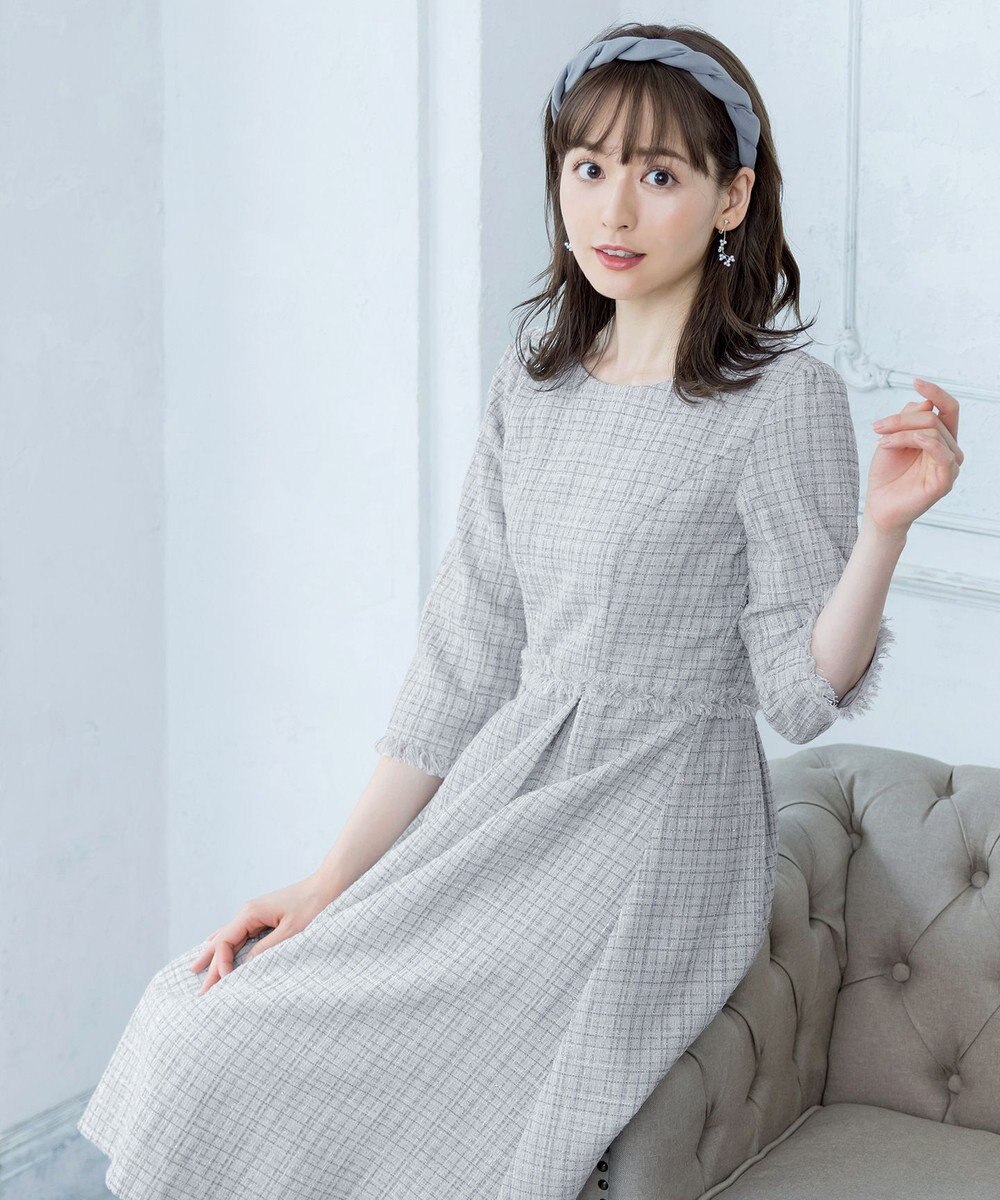 Tiaclasse 絶妙なMIXカラーのツイード素材で存在感溢れるタックワンピース 