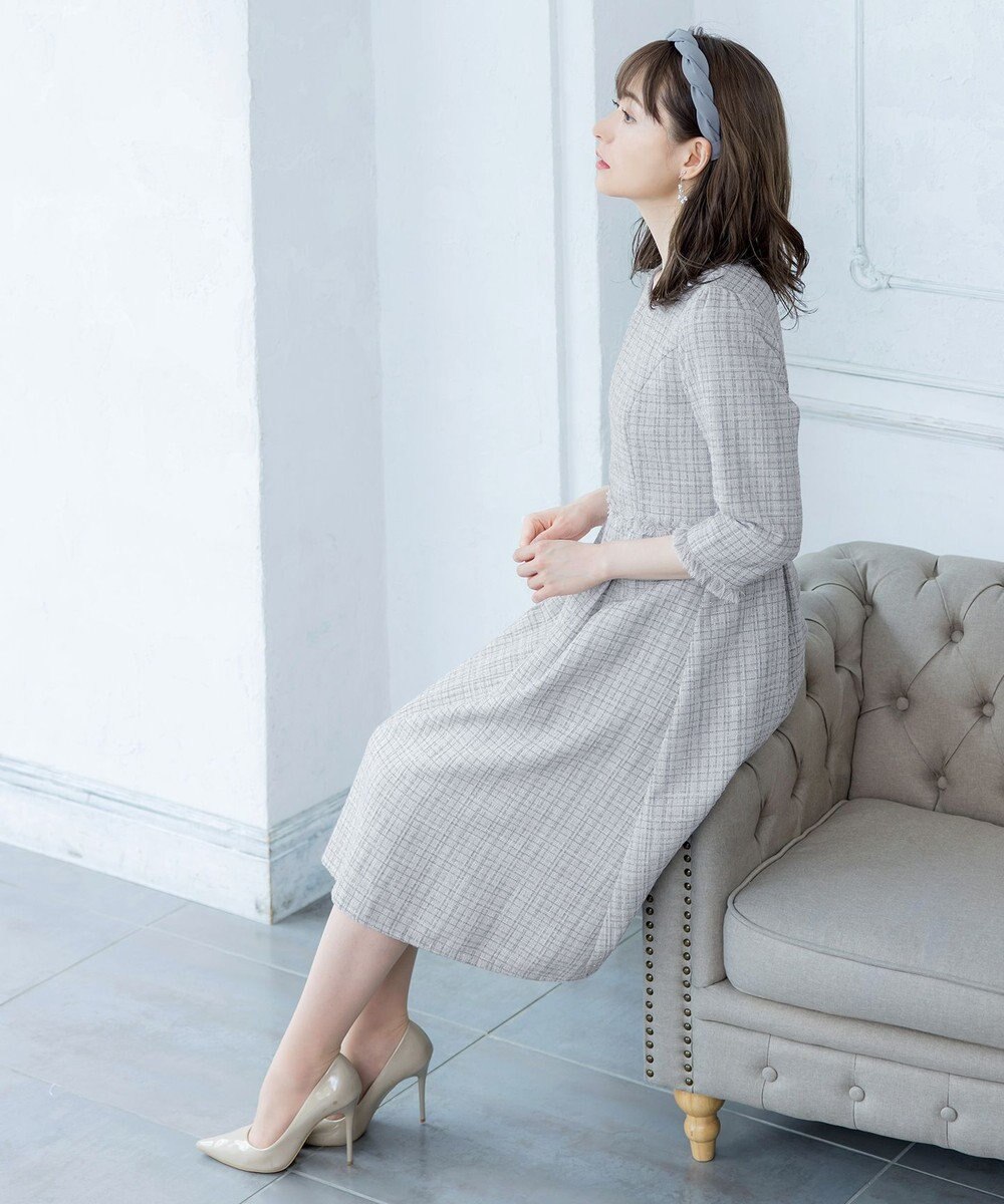 Tiaclasse 絶妙なMIXカラーのツイード素材で存在感溢れるタックワンピース 