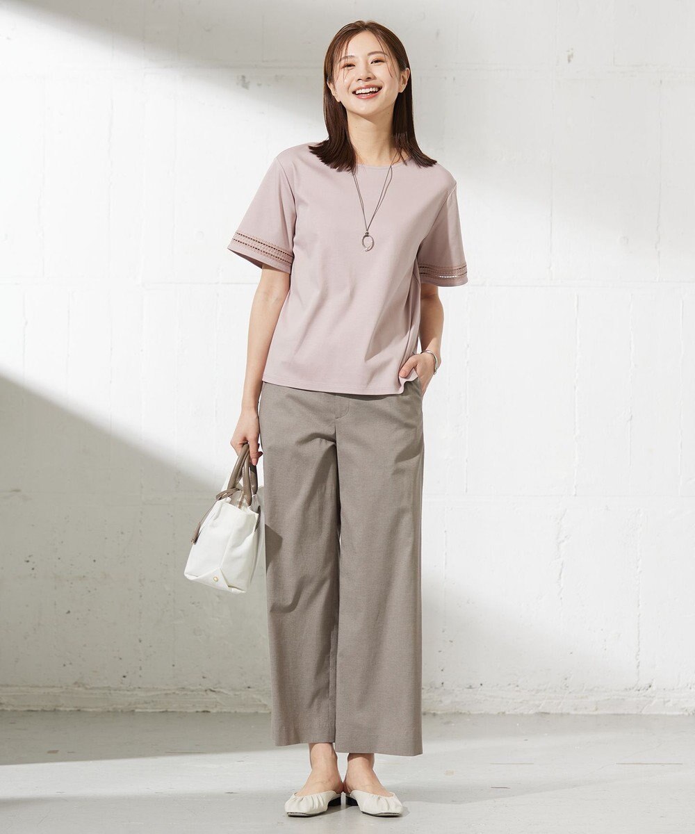 J.PRESS LADIES L 【洗える】麻ポリエステルストレッチ ワイド パンツ 