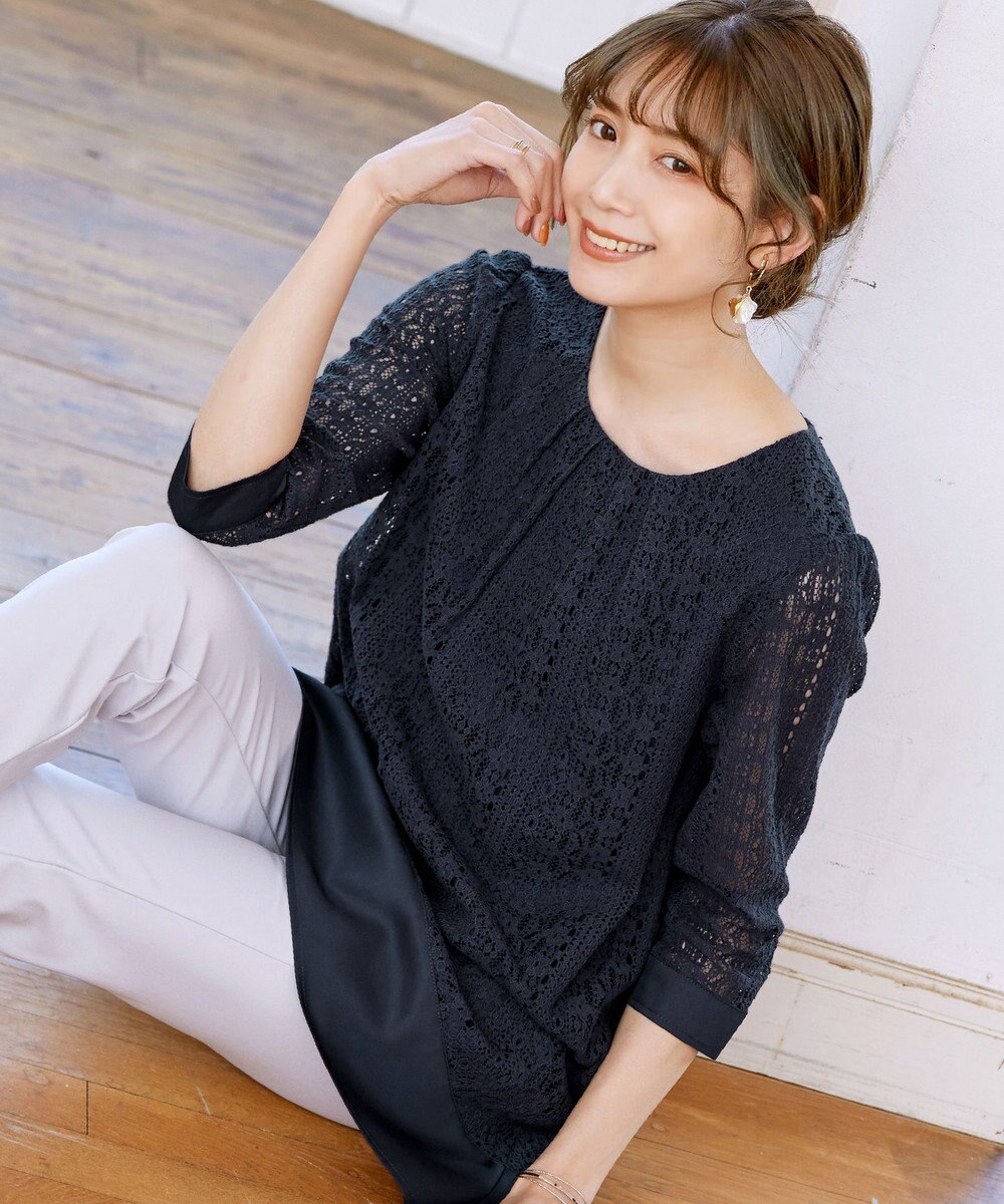 Tiaclasse L 【洗える】レースコンビチュニックブラウス 