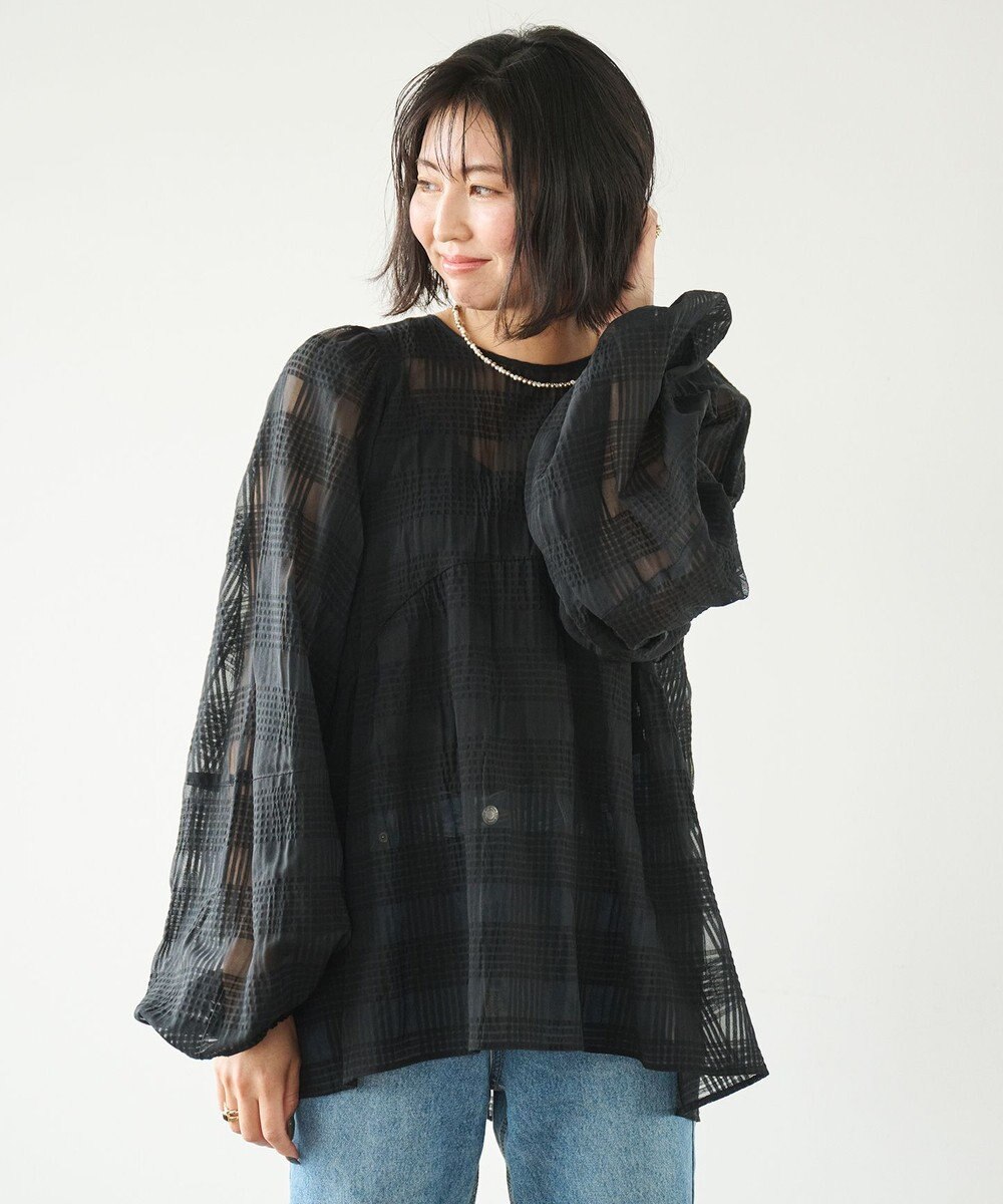 #Newans シアーチェックボリュームブラウス 